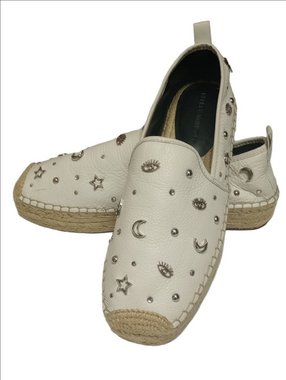 ⭐REBECCA MINKOFF "BEATRIZ"  WHITE LEATHER ESPADRILLES WITH SUN MOON STARS STUDS